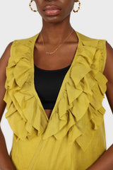 Green linen layered ruffle sleeveless wrap top