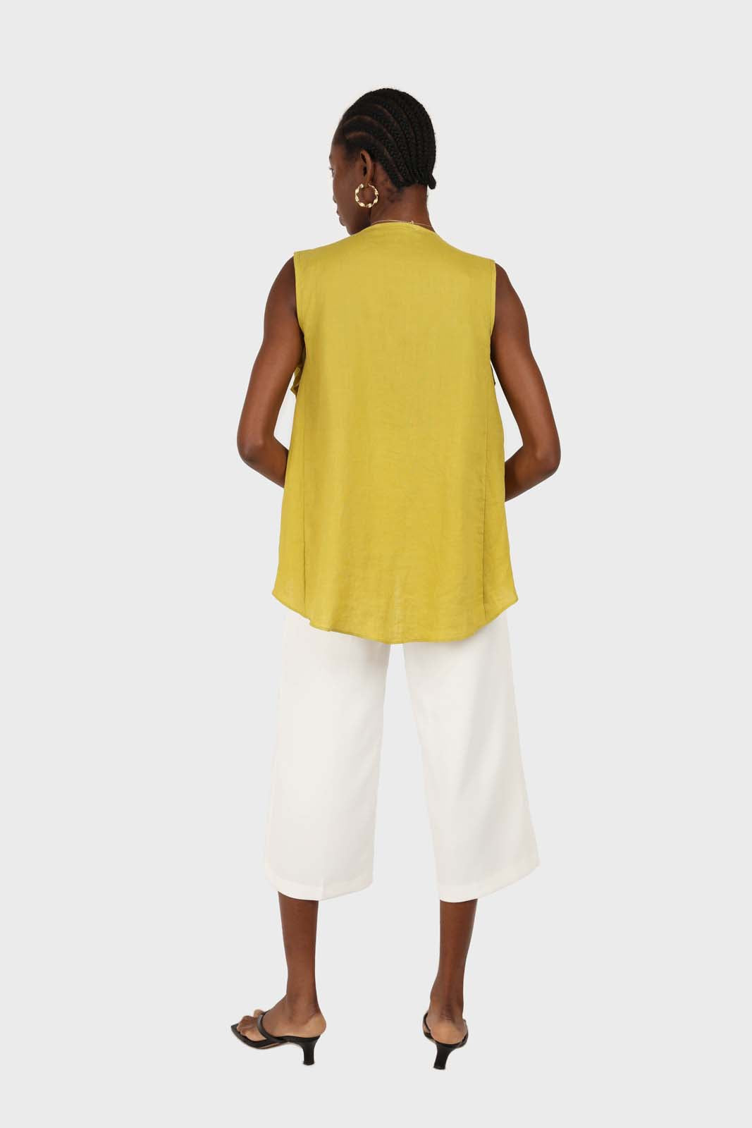 Green linen layered ruffle sleeveless wrap top