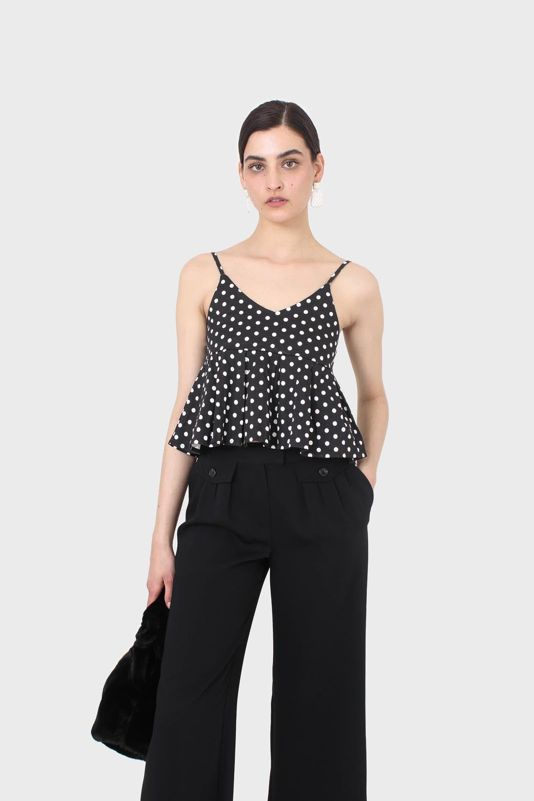 Black and white polka dot spaghetti strap tank