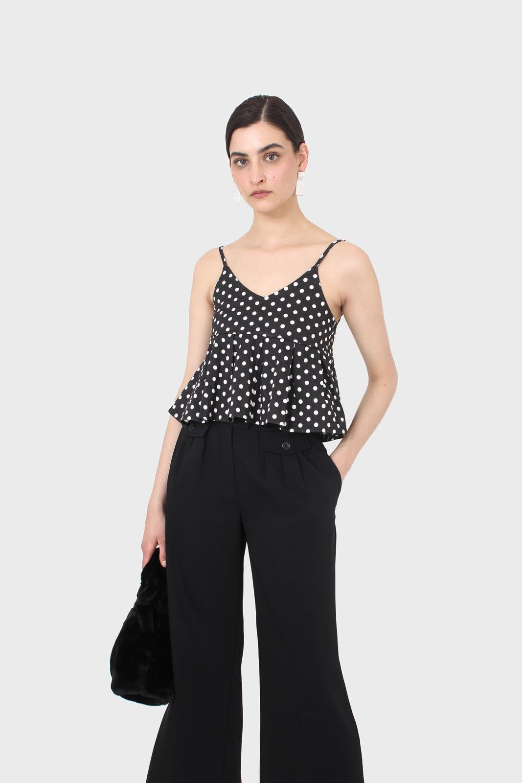 Black and white polka dot spaghetti strap tank