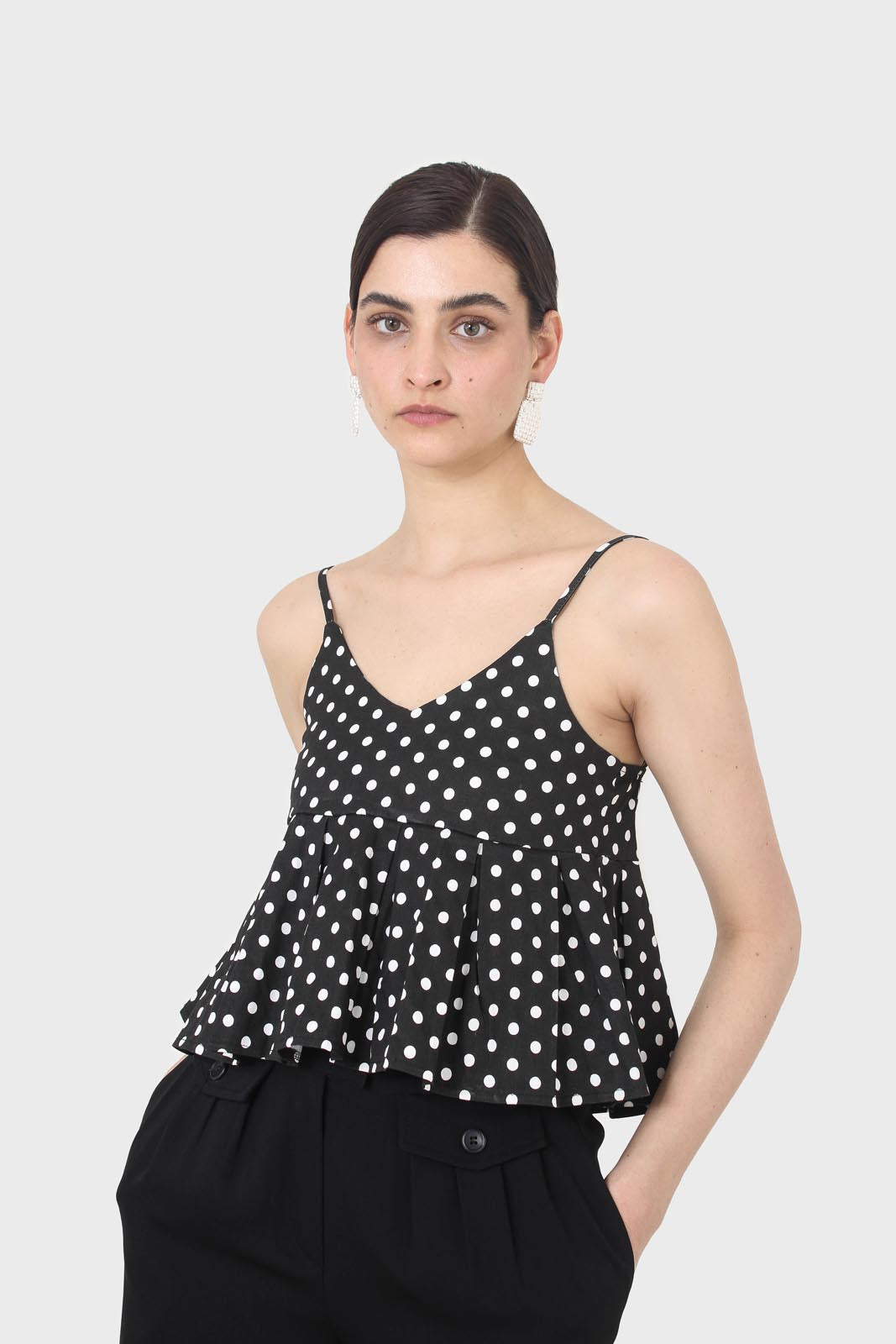 Black and white polka dot spaghetti strap tank