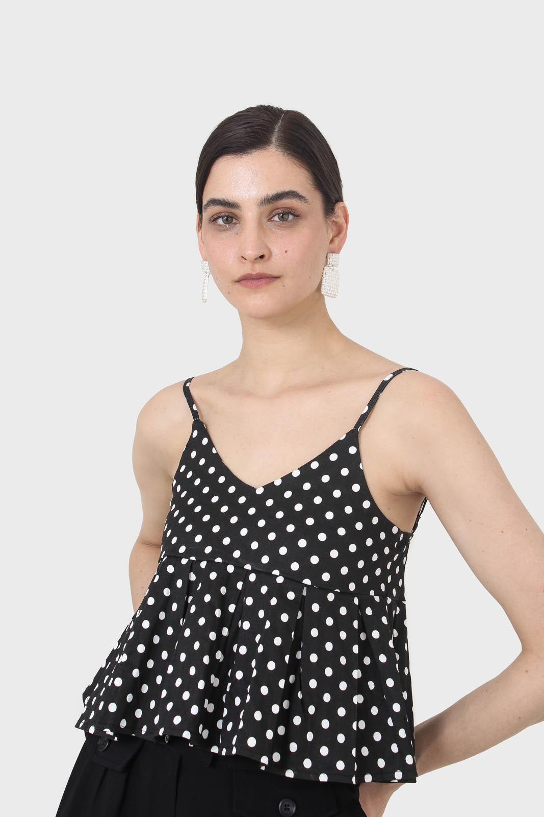 Black and white polka dot spaghetti strap tank