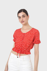 Red and white floral cropped blouse
