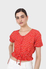 Red and white floral cropped blouse