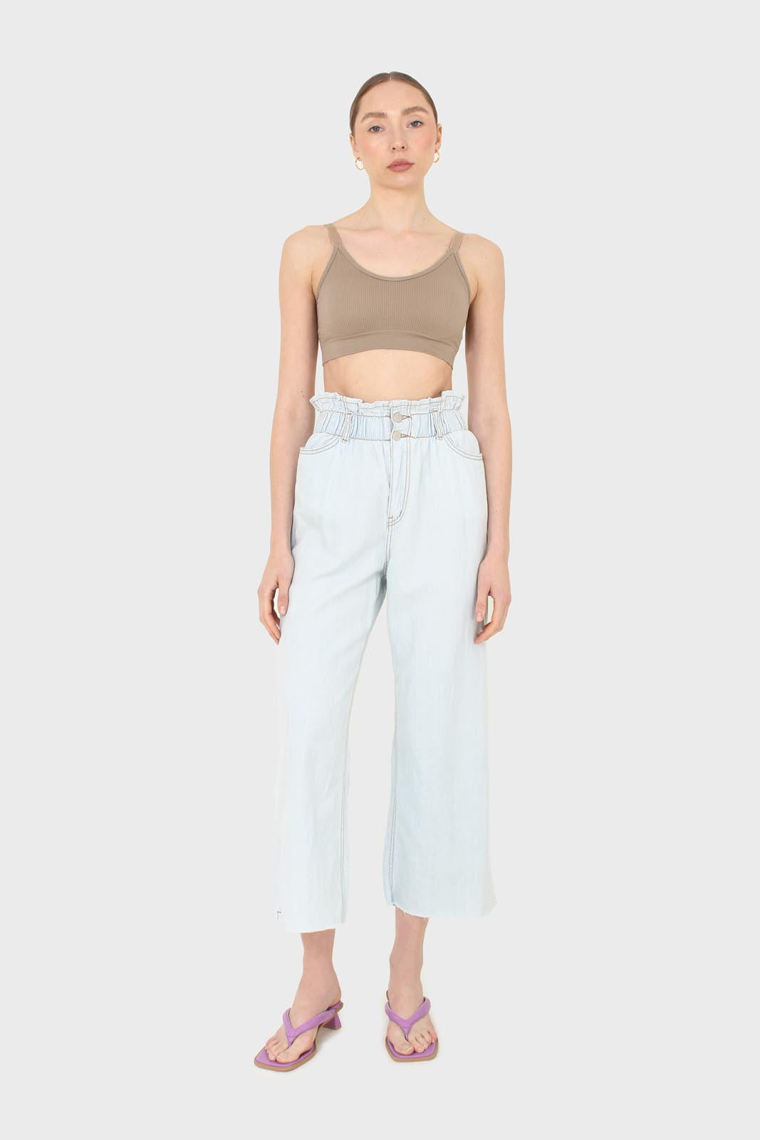 Ice blue ruched waist wide fit denim trousers - 5029