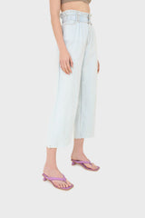 Ice blue ruched waist wide fit denim trousers - 5029