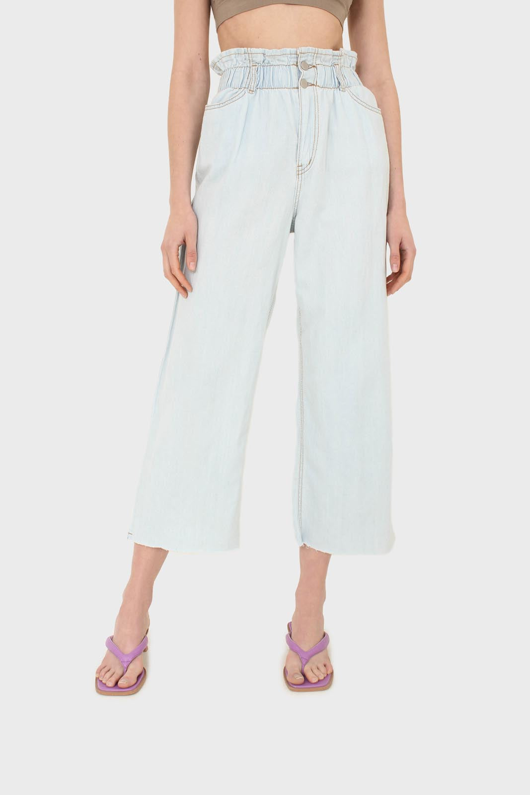 Ice blue ruched waist wide fit denim trousers - 5029