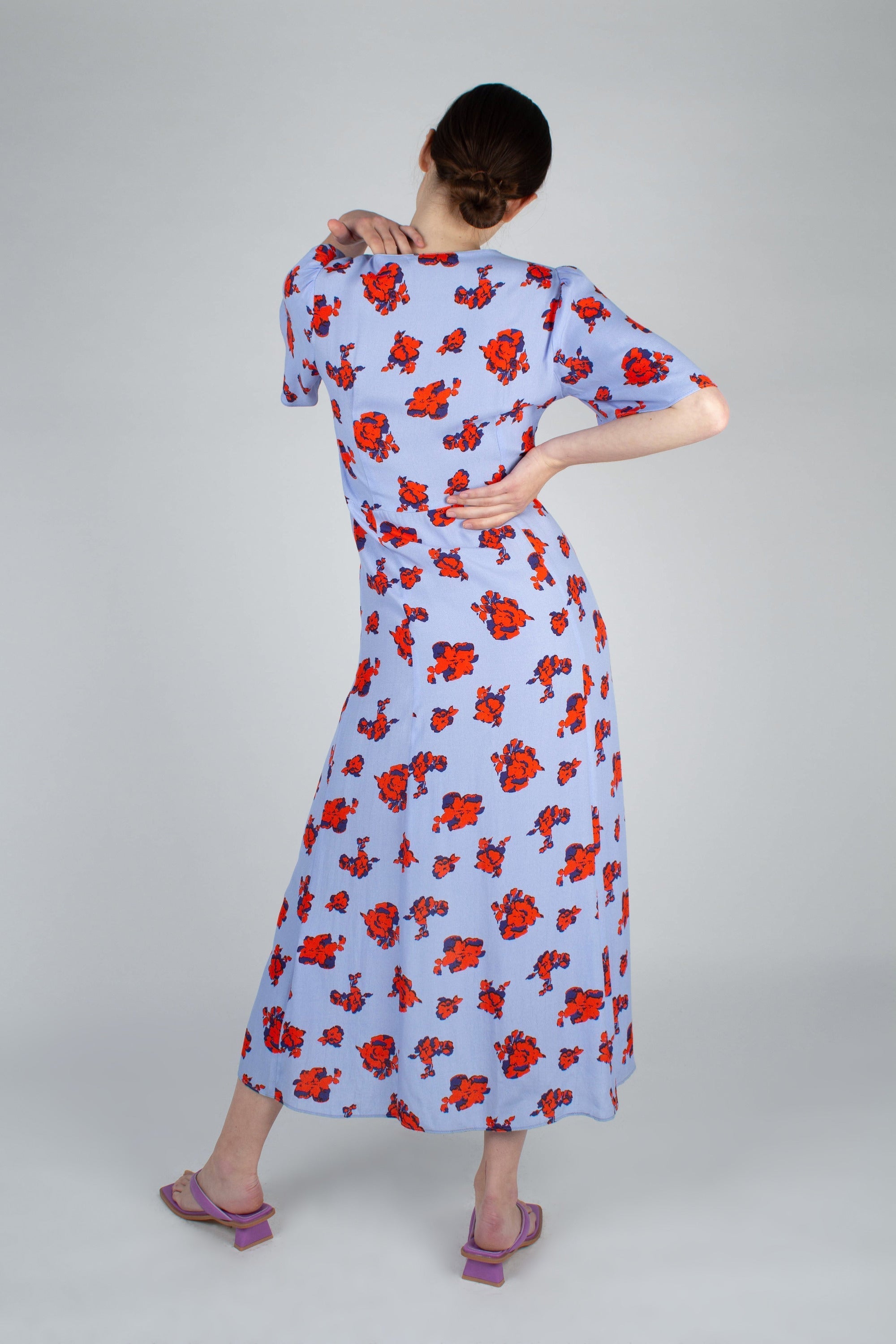 Pale blue and red floral print short sleeved maxi dress