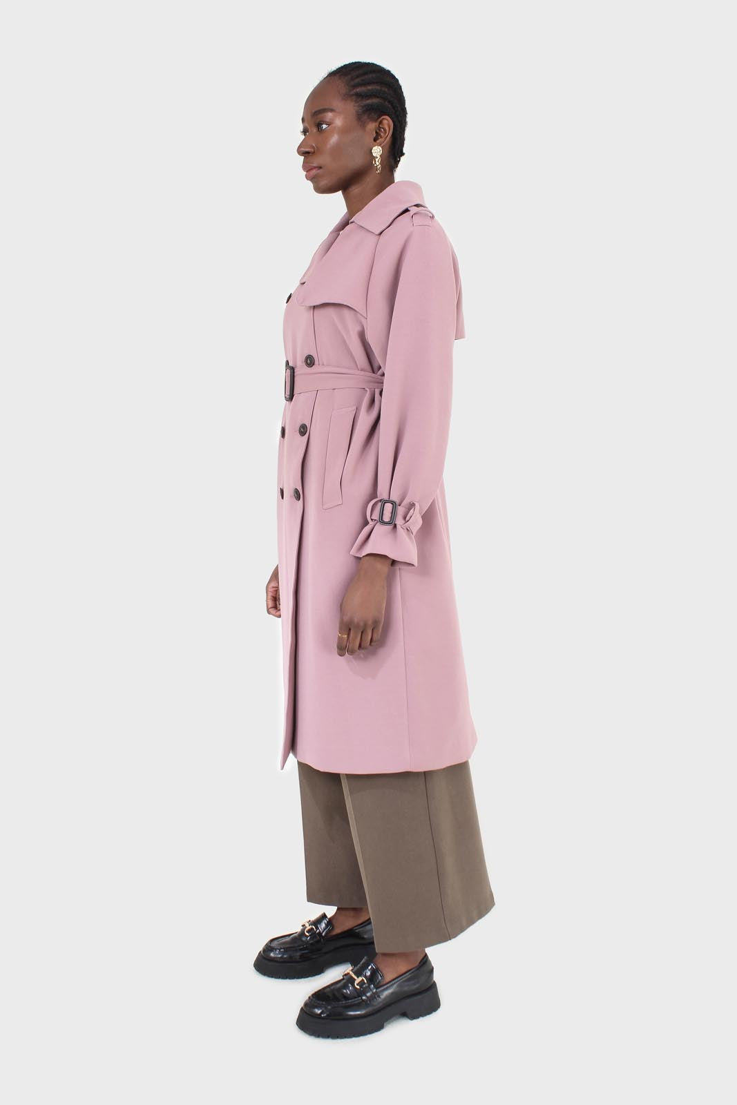 Pale pink double breasted belted trench coat