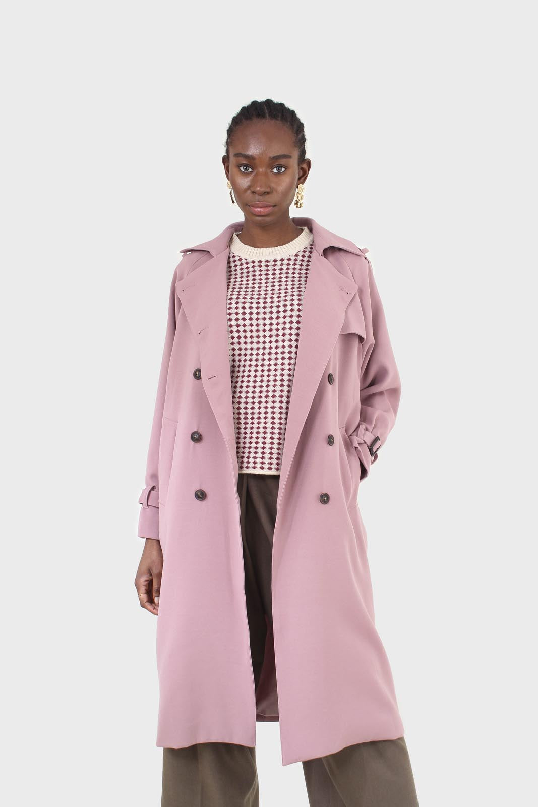 Pale pink double breasted belted trench coat