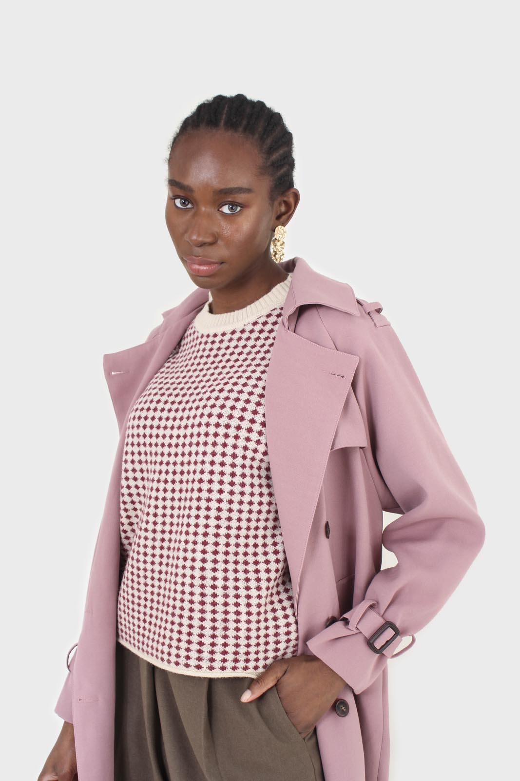Pale pink double breasted belted trench coat