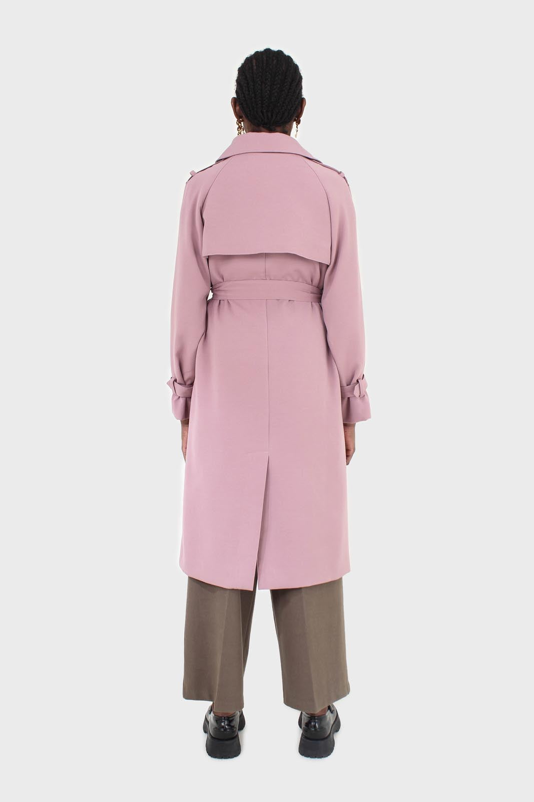 Pale pink double breasted belted trench coat