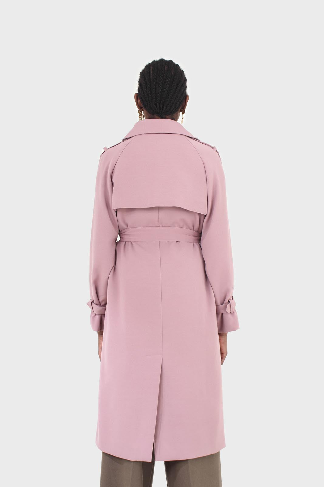 Pale pink double breasted belted trench coat