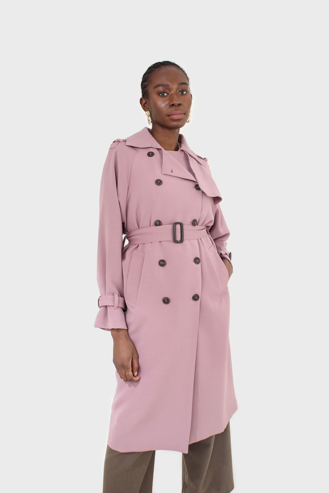 Pale pink double breasted belted trench coat