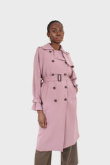 Pale pink double breasted belted trench coat