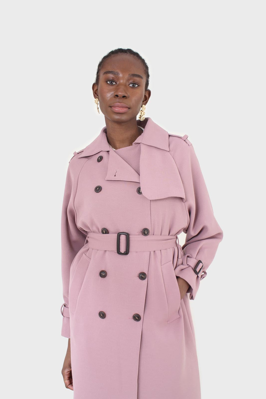 Pale pink double breasted belted trench coat