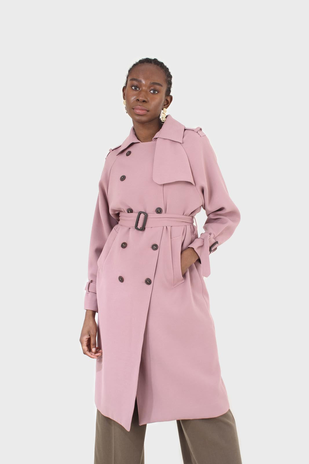 Pale pink double breasted belted trench coat