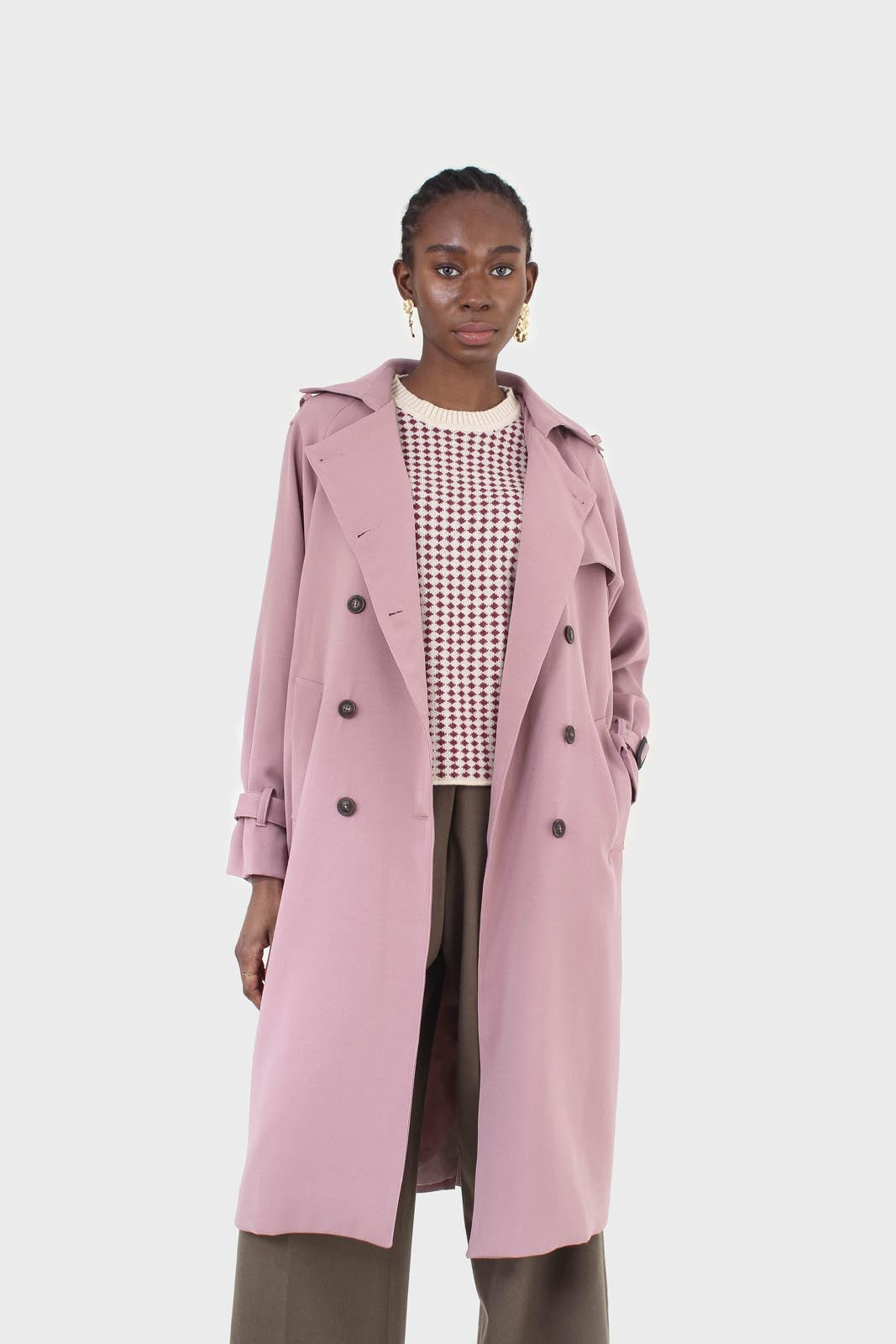 Pale pink double breasted belted trench coat