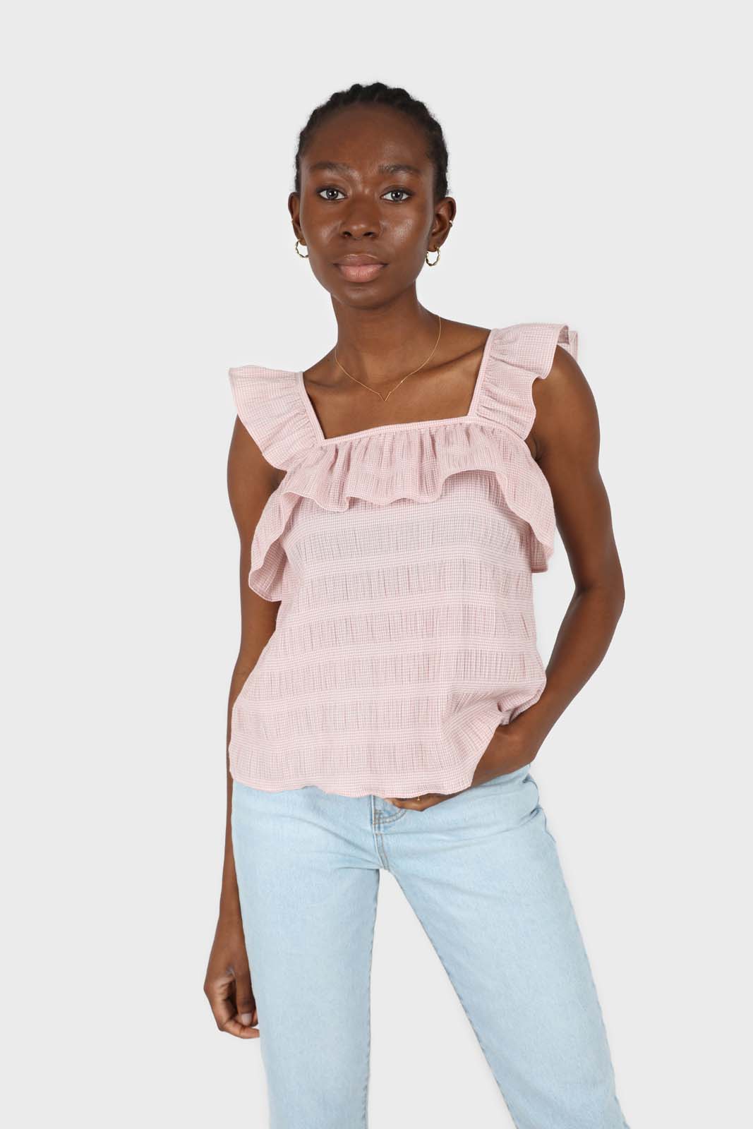 Pink seersucker gingham ruffle trim tank