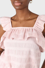 Pink seersucker gingham ruffle trim tank