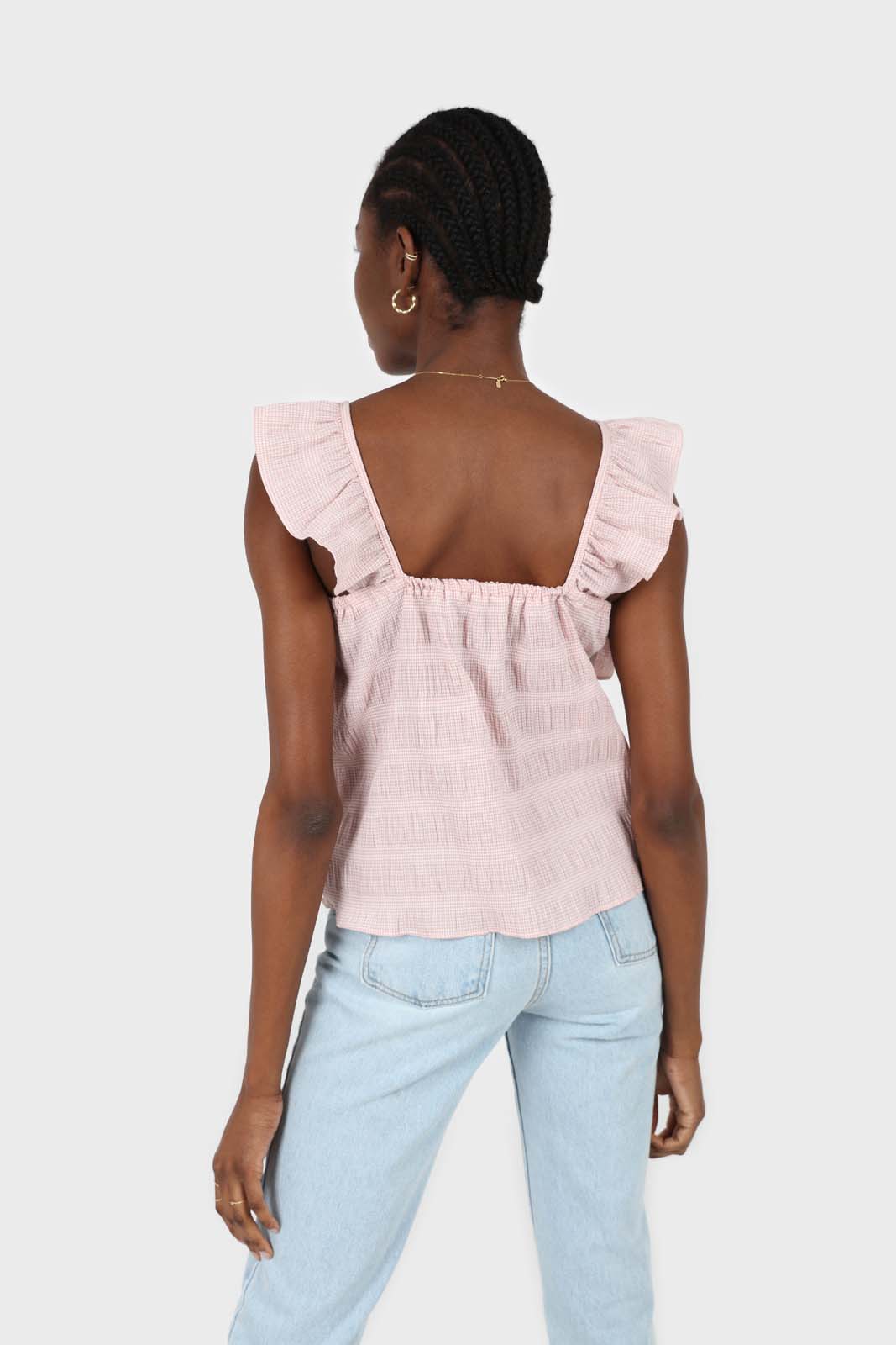 Pink seersucker gingham ruffle trim tank