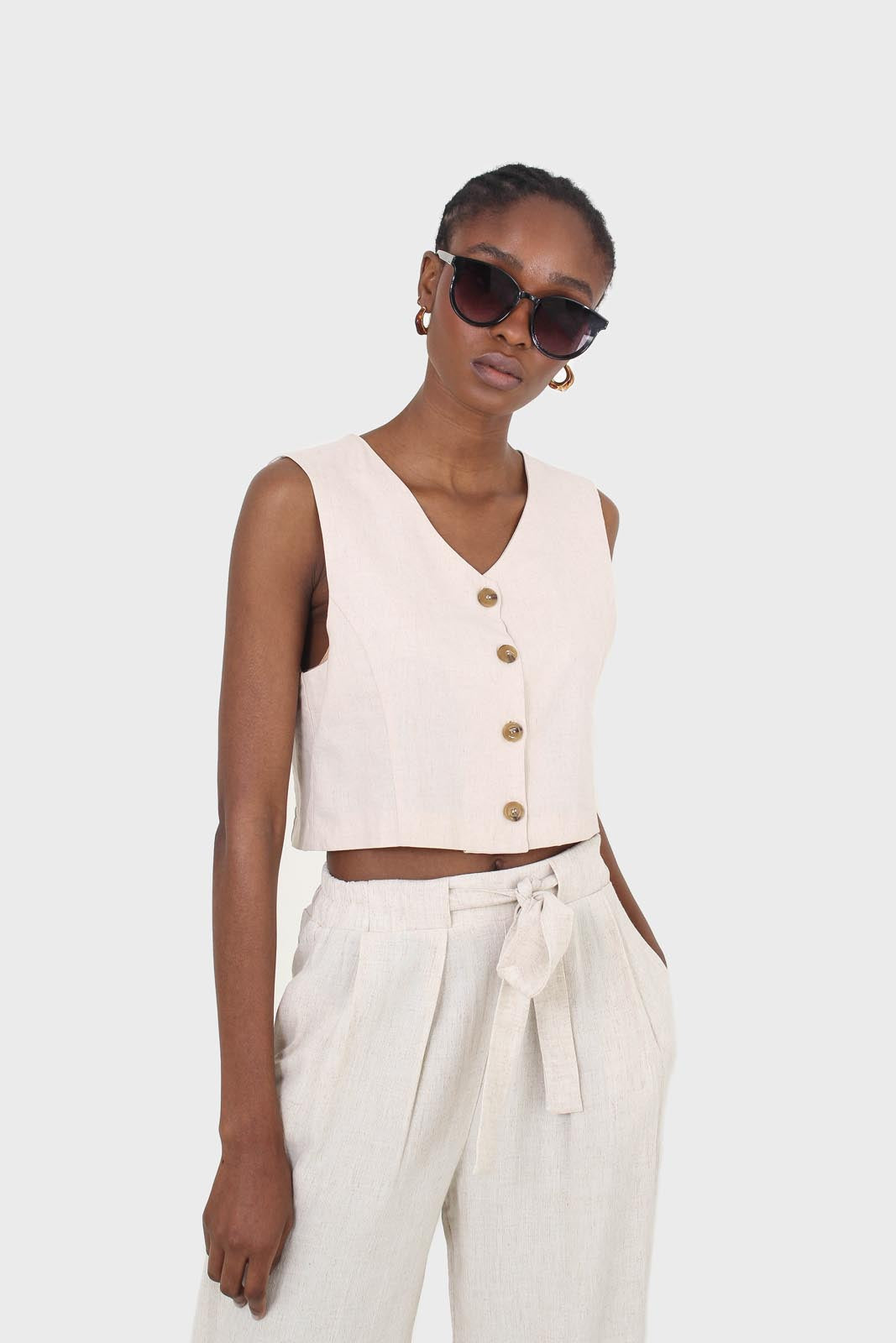 Beige button front linen vest