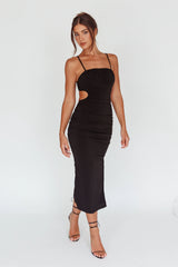 Mary Jane Gathered Bust Tie Back Midi Dress Black