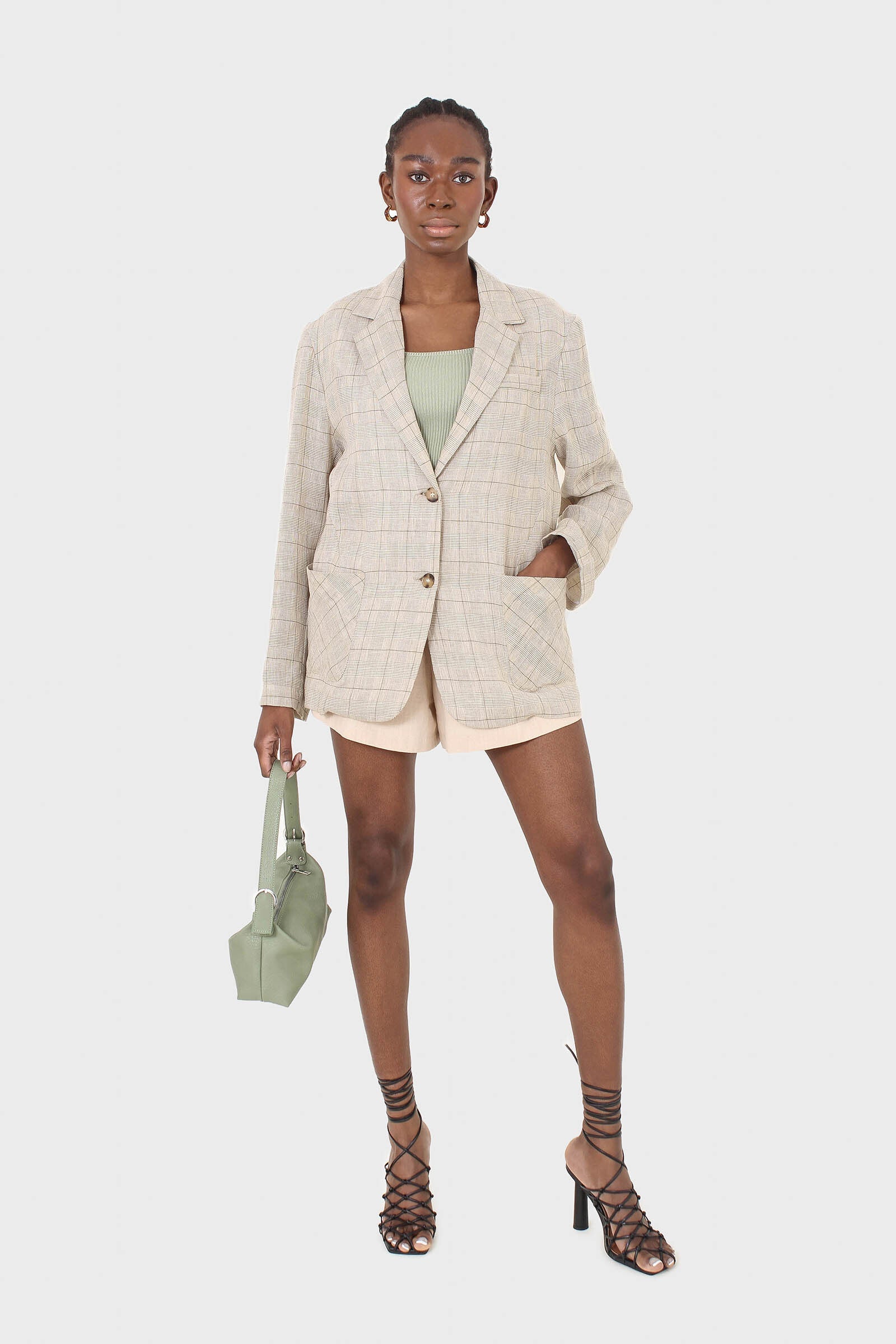 Pale khaki checked oversized linen blazer