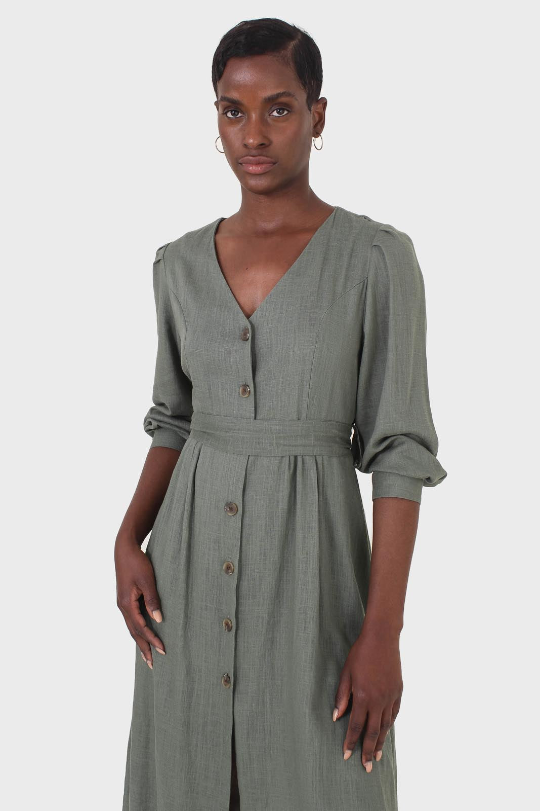 Khaki V-neck button front belted linen dress