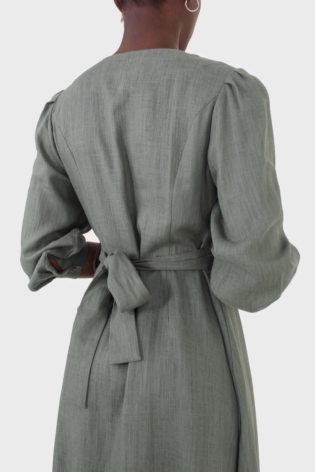 Khaki V-neck button front belted linen dress