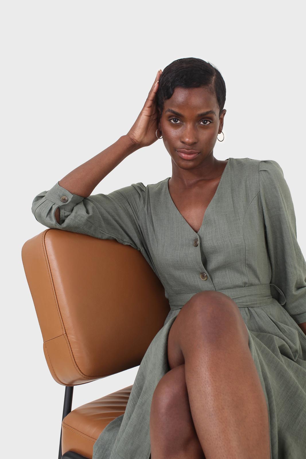 Khaki V-neck button front belted linen dress