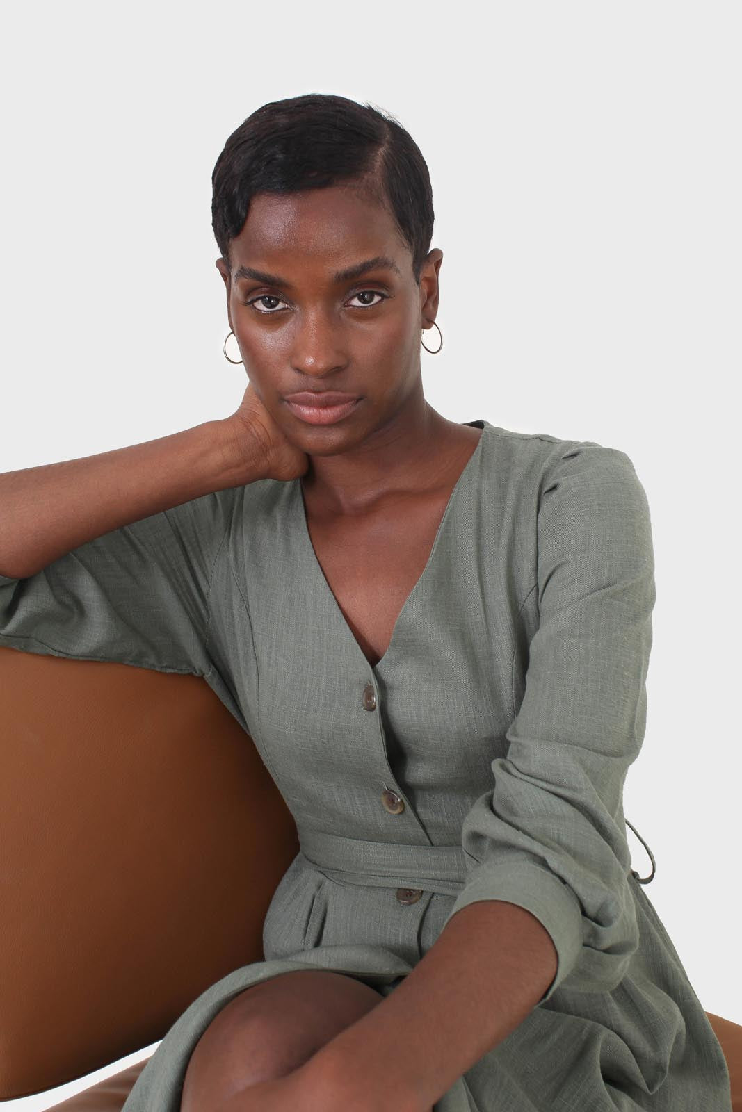 Khaki V-neck button front belted linen dress