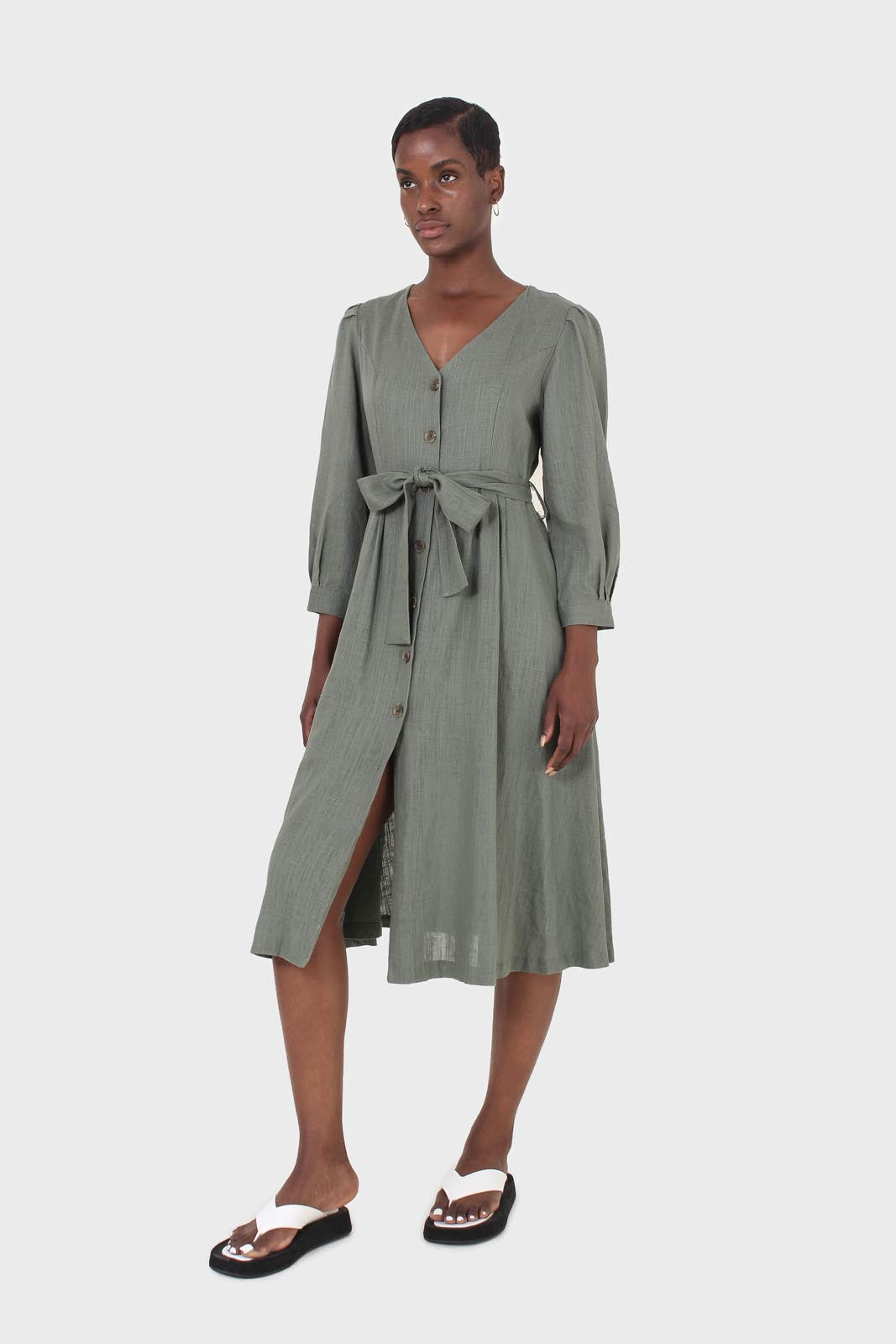 Khaki V-neck button front belted linen dress