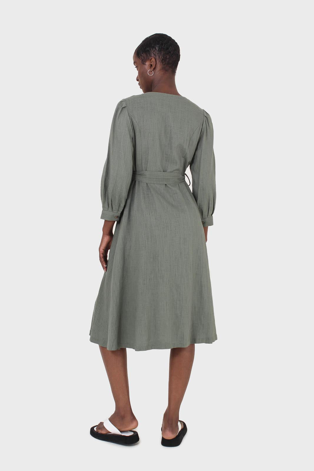 Khaki V-neck button front belted linen dress
