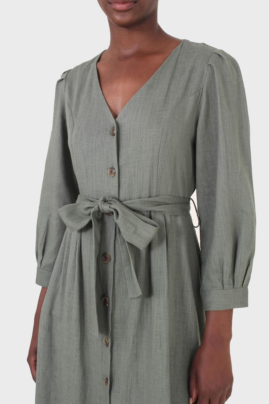 Khaki V-neck button front belted linen dress