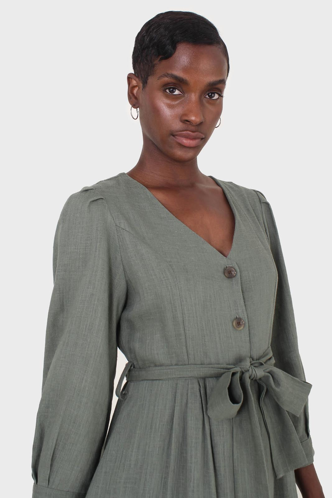 Khaki V-neck button front belted linen dress