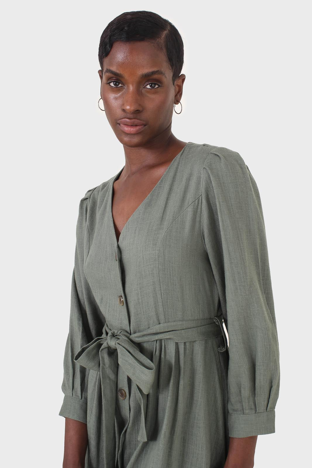 Khaki V-neck button front belted linen dress