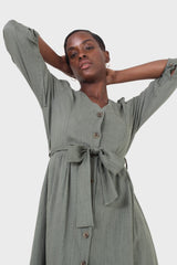 Khaki V-neck button front belted linen dress