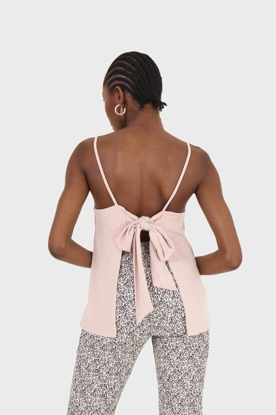 Pink tie back ribbed thin strap tank