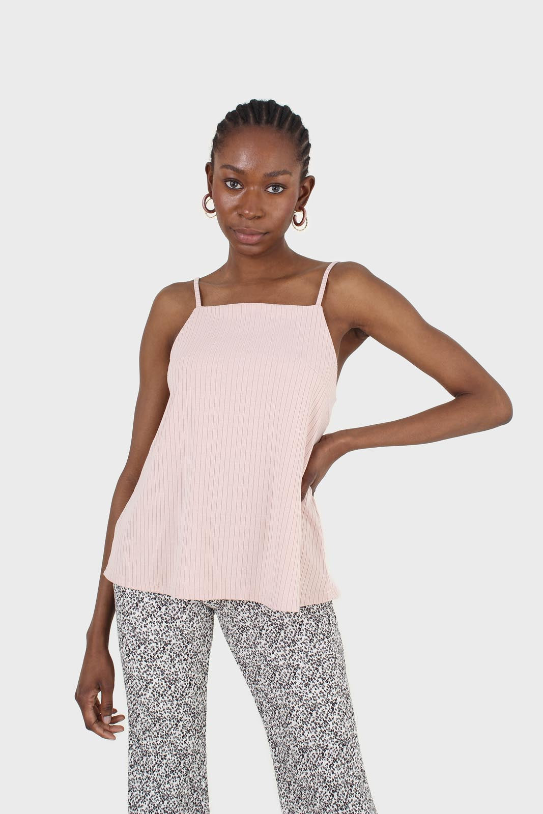 Pink tie back ribbed thin strap tank