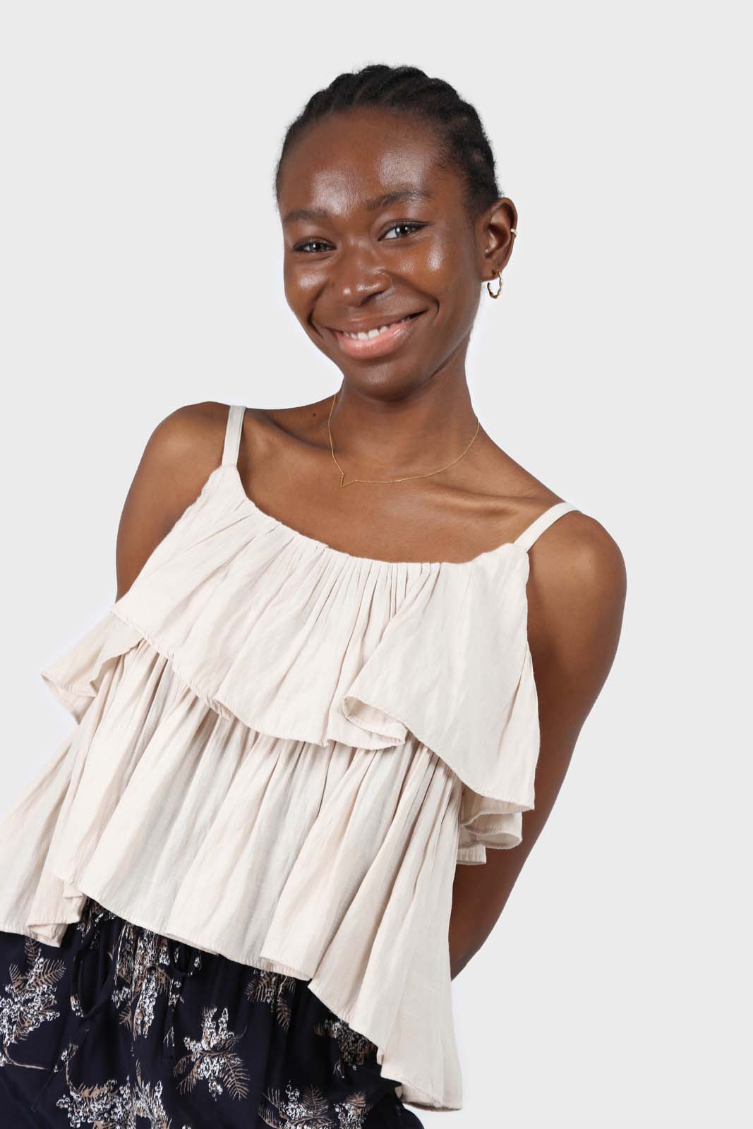 Oatmeal micro pleat tiered linen tank