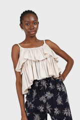 Oatmeal micro pleat tiered linen tank