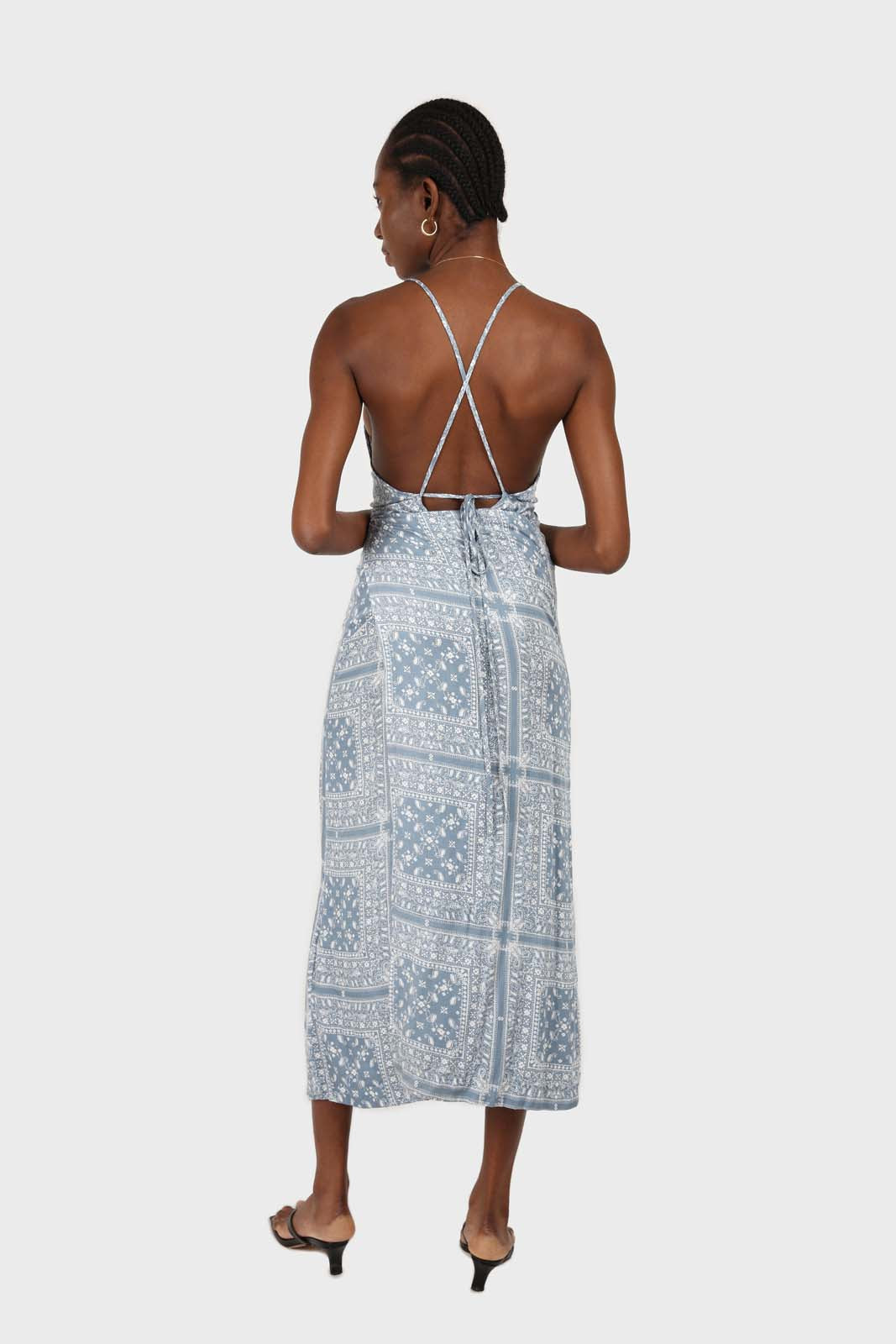 Blue and white graphic print strappy maxi dress