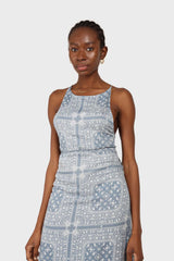 Blue and white graphic print strappy maxi dress