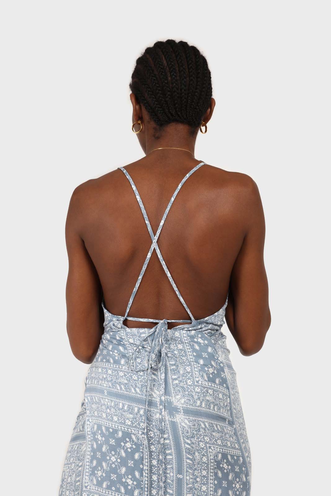 Blue and white graphic print strappy maxi dress