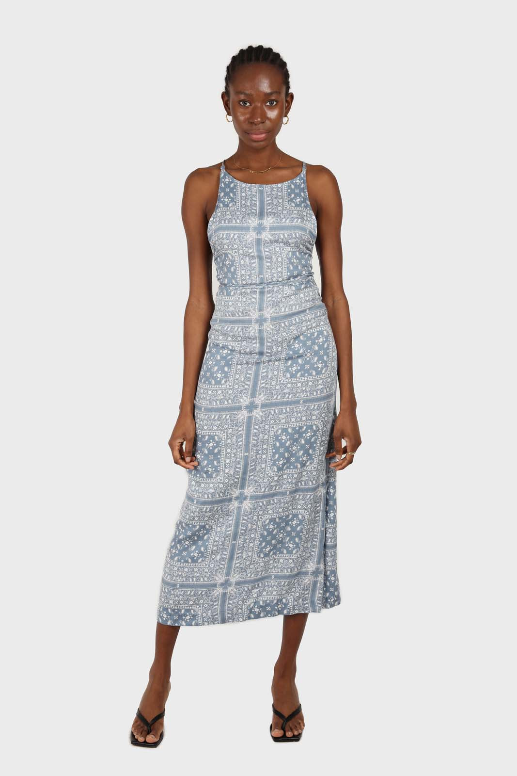 Blue and white graphic print strappy maxi dress
