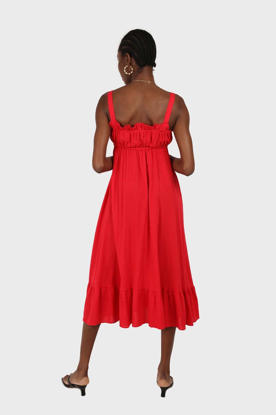 Red tie front ruffle maxi dress