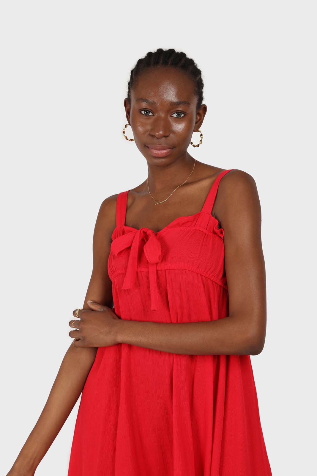 Red tie front ruffle maxi dress