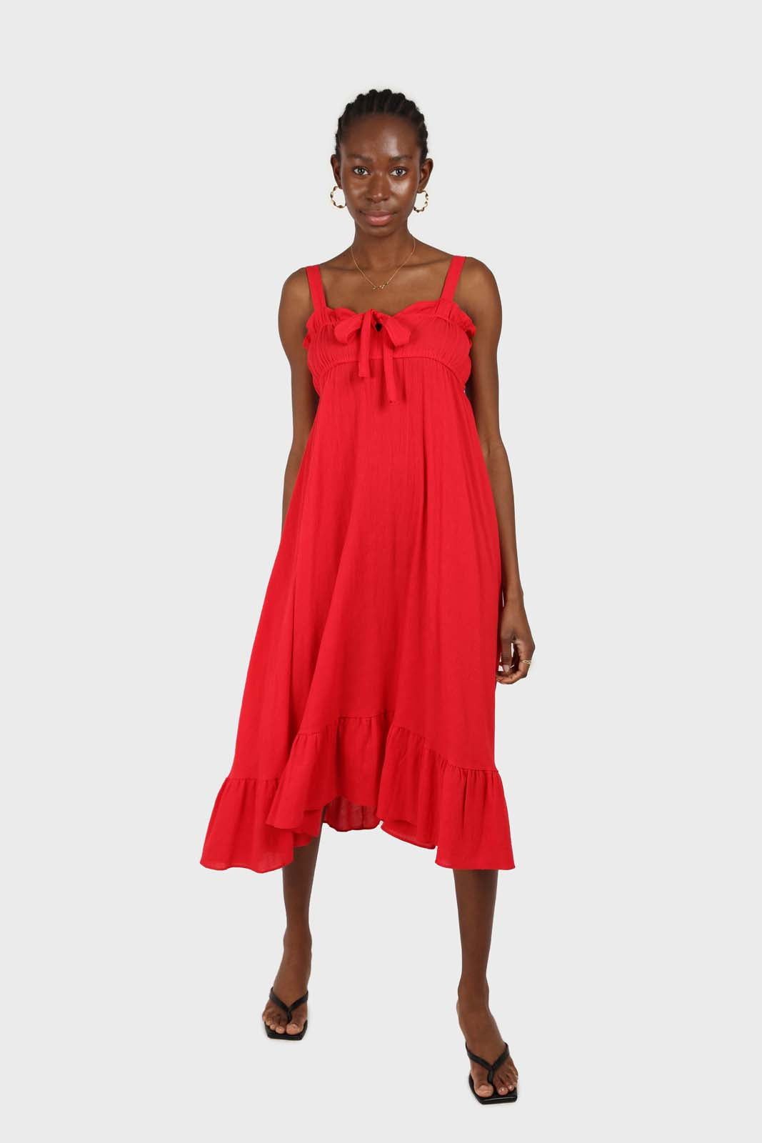 Red tie front ruffle maxi dress