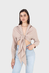 Beige linen plunging tie front shirt